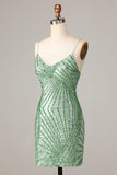 Club Chic Sheath Spaghetti Straps Green Sequins Short Ball Dress with Criss Cross Back