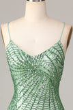 Club Chic Sheath Spaghetti Straps Green Sequins Short Ball Dress with Criss Cross Back
