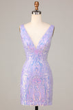 Lost In Your Eyes Bodycon V-Neck Lilac Sequins Short Ball Dress