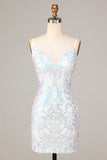 Exquisite Outlook Sheath Spaghetti Straps White Sequins Short Ball Dress