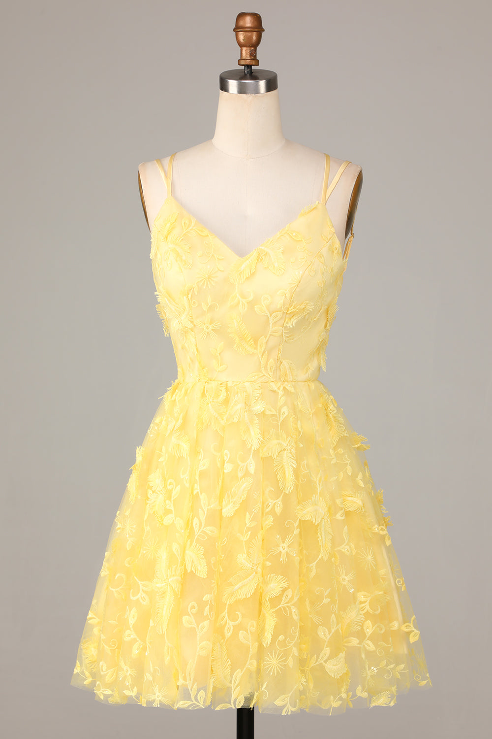 Keep Glowing A Line Spaghetti Straps Yellow Short Ball Dress with Appliques