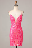 Sheath Spaghetti Straps Fuchsia Sequins Short Ball Dress