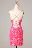 Sheath Spaghetti Straps Fuchsia Sequins Short Ball Dress