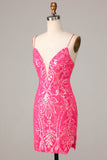 Sheath Spaghetti Straps Fuchsia Sequins Short Ball Dress