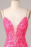 Sheath Spaghetti Straps Fuchsia Sequins Short Ball Dress