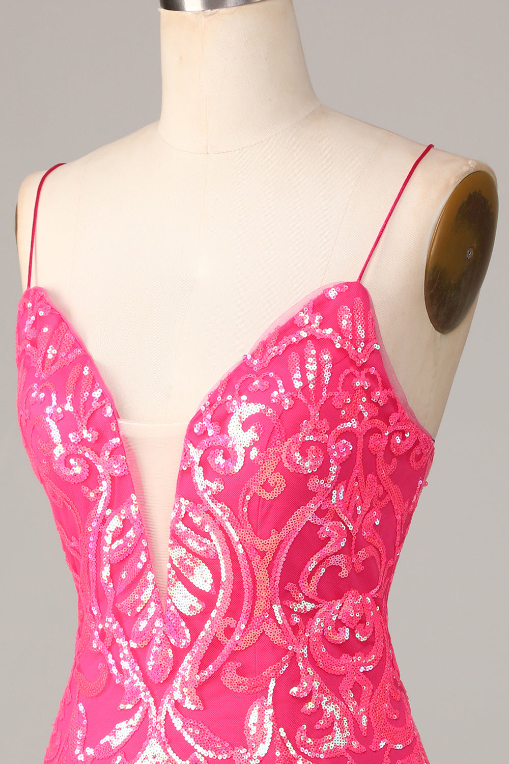 Sheath Spaghetti Straps Fuchsia Sequins Short Ball Dress