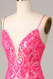 Sheath Spaghetti Straps Fuchsia Sequins Short Ball Dress