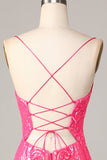 Sheath Spaghetti Straps Fuchsia Sequins Short Ball Dress