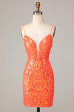 Sparkle 'til Dawn Bodycon Spaghetti Straps Orange Sequins Short Ball Dress