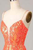 Sparkle 'til Dawn Bodycon Spaghetti Straps Orange Sequins Short Ball Dress