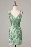 Making Magic Sheath V-Neck Green Sequins Short Ball Dress with Backless