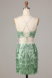 Sparkly Two Piece Spaghetti Straps Green Sequins Short Ball Dress