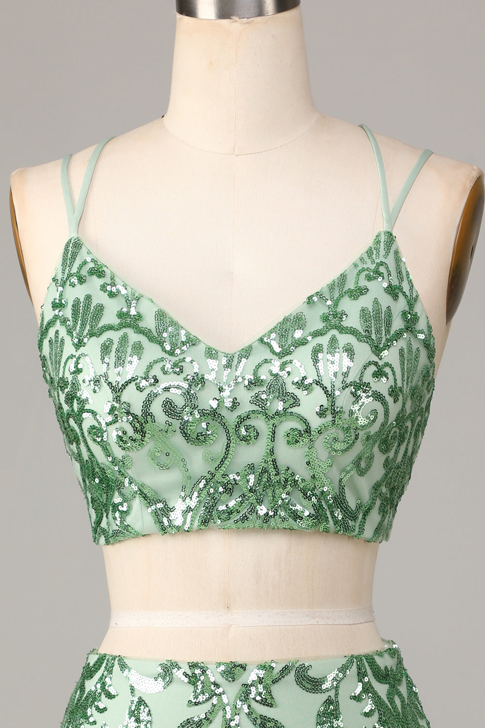 Sparkly Two Piece Spaghetti Straps Green Sequins Short Ball Dress