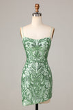 Bodycon Spaghetti Straps Green Sequins Short Ball Dress