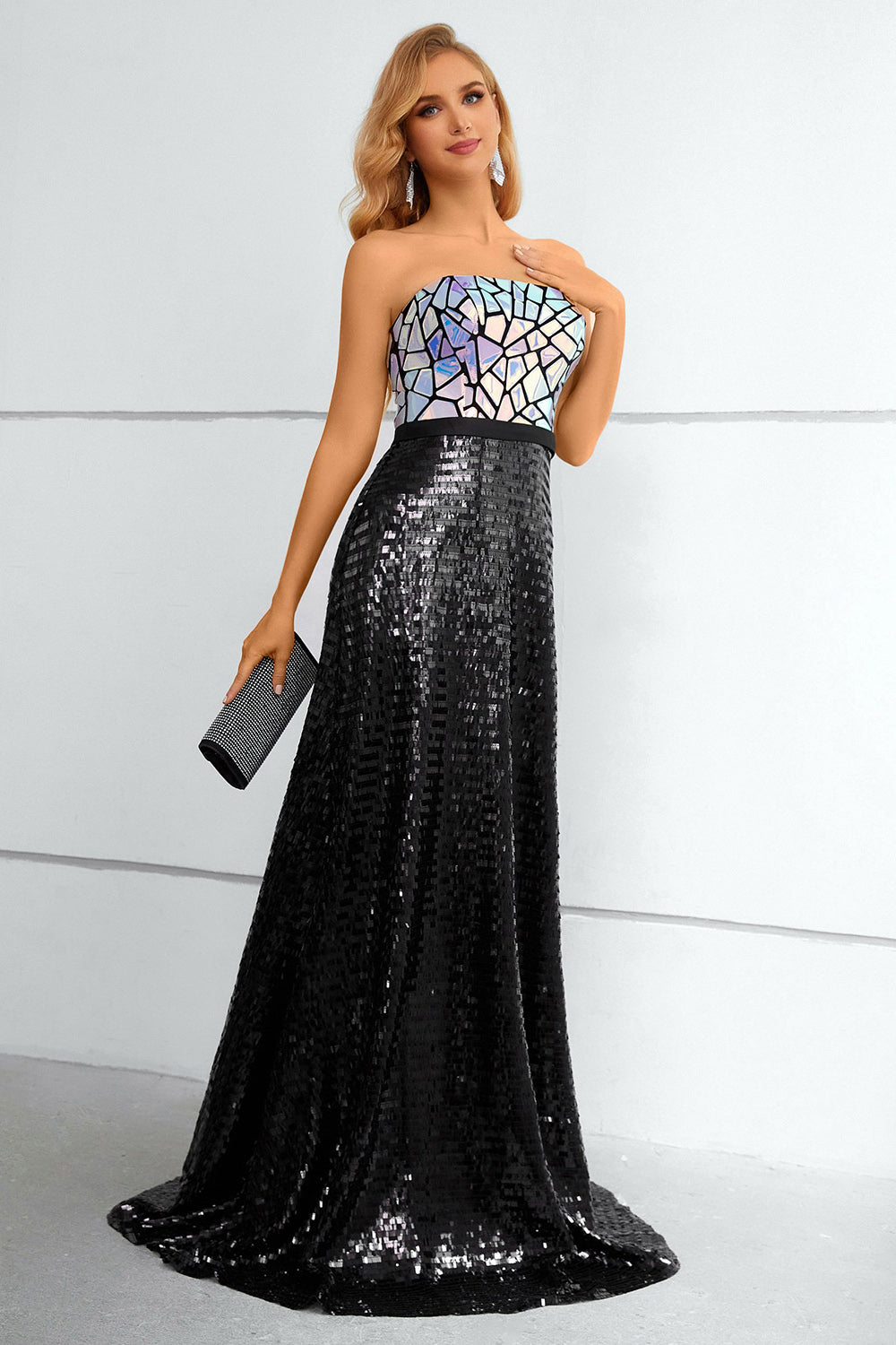 Black Sequined Strapless Long Ball Dress