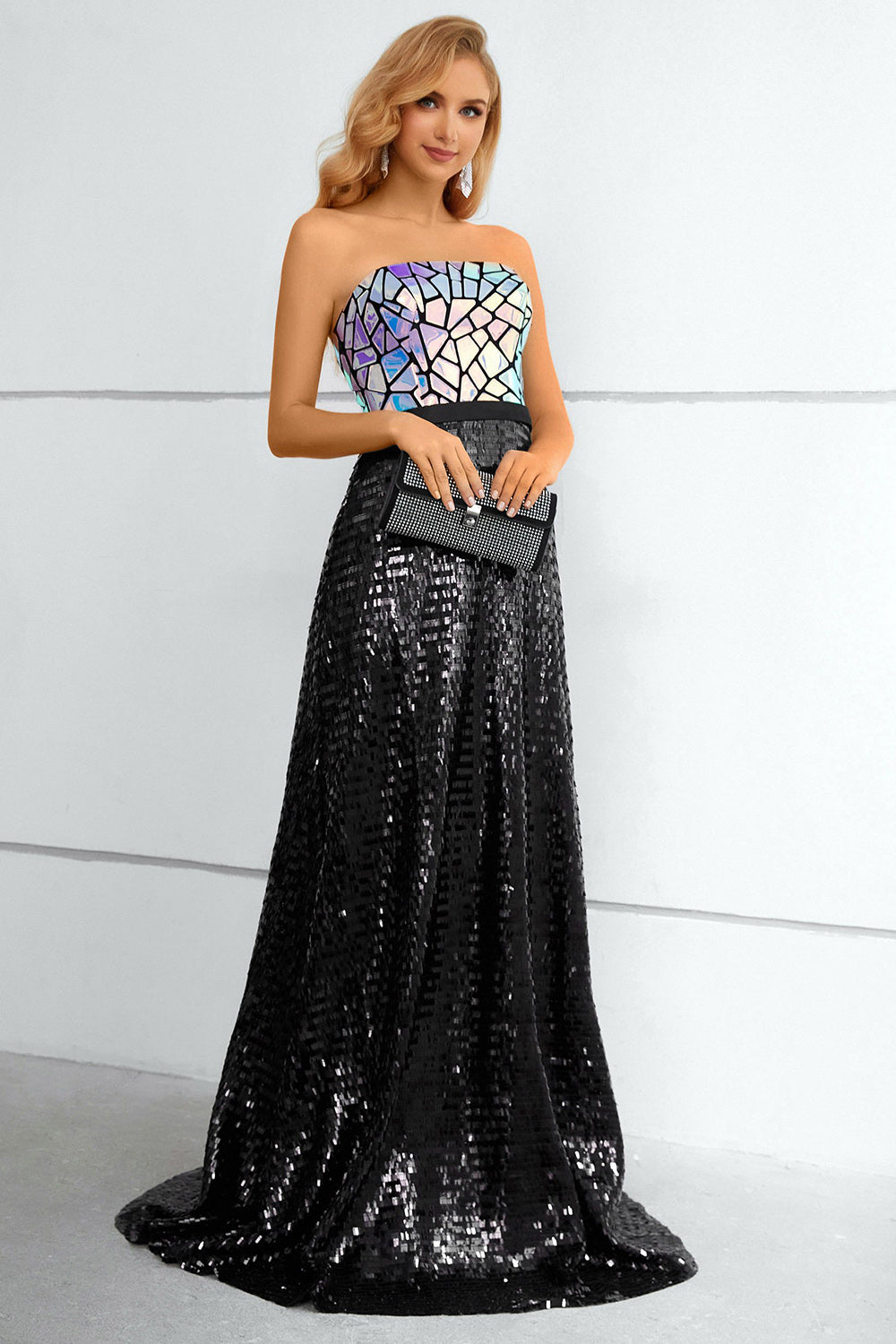 Black Sequined Strapless Long Ball Dress
