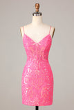 Sheath Spaghetti Straps Fuchsia Sequins Short Ball Dress