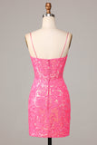 Sheath Spaghetti Straps Fuchsia Sequins Short Ball Dress