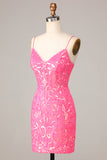 Sheath Spaghetti Straps Fuchsia Sequins Short Ball Dress