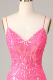 Sheath Spaghetti Straps Fuchsia Sequins Short Ball Dress