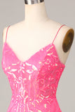 Sheath Spaghetti Straps Fuchsia Sequins Short Ball Dress