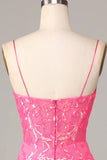 Sheath Spaghetti Straps Fuchsia Sequins Short Ball Dress