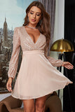 Champagne V-Neck Sequined Cocktail Party Dress