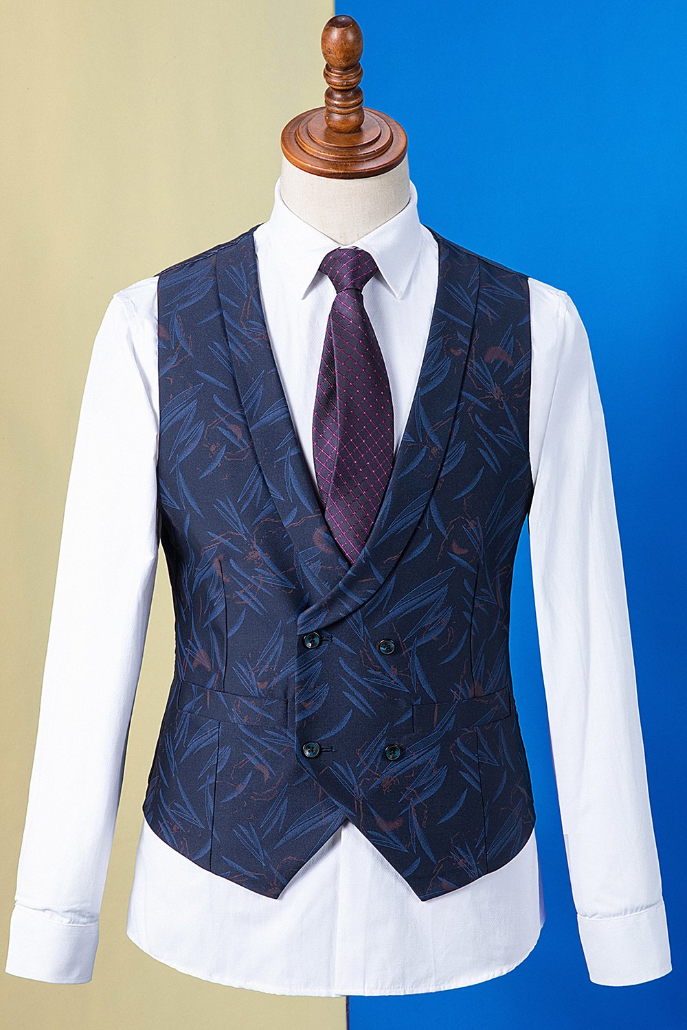 Dark Blue Peaked Lapel Printed 3-Piece Men's Suit Tuxedo