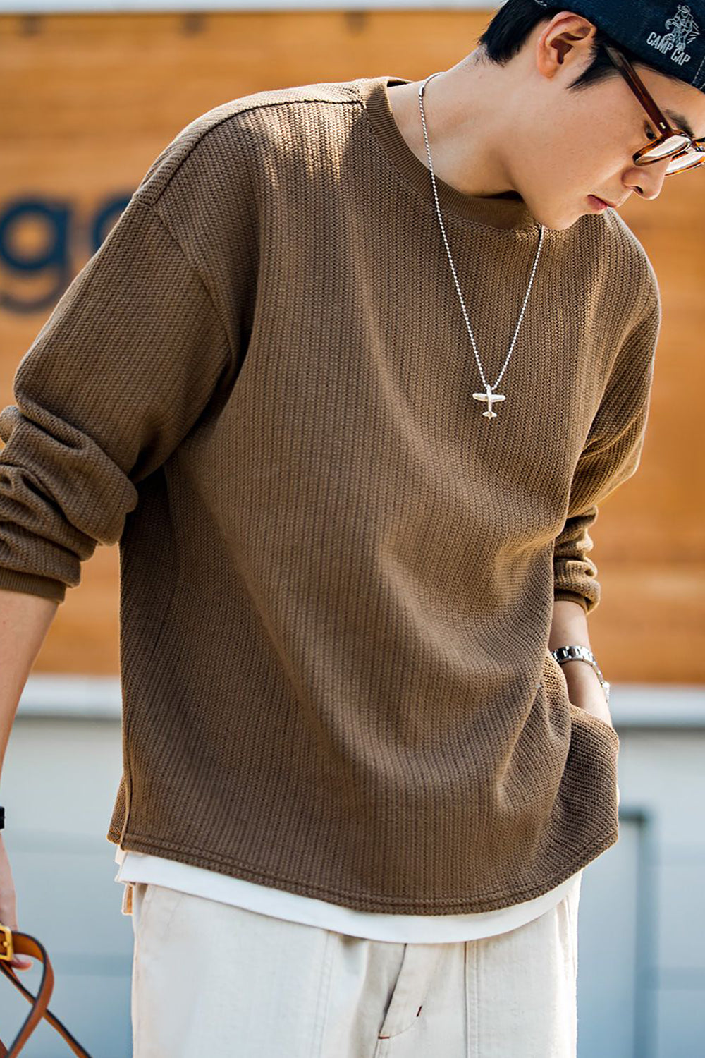 Men's Dark Brown Waffle Loose Fit Pullover Sweatshirt