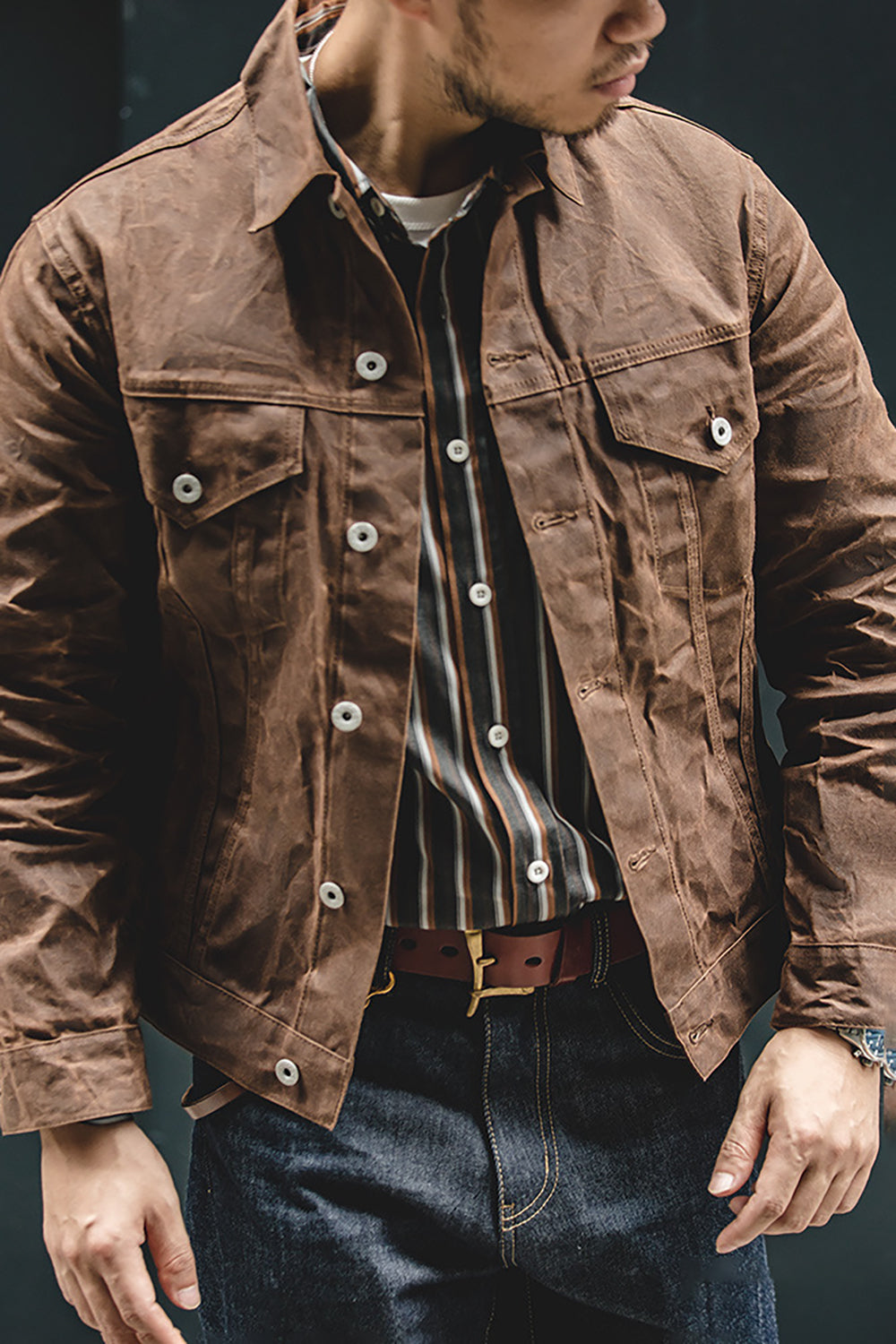 Men's Brown Button Down Loose Trucker Jacket