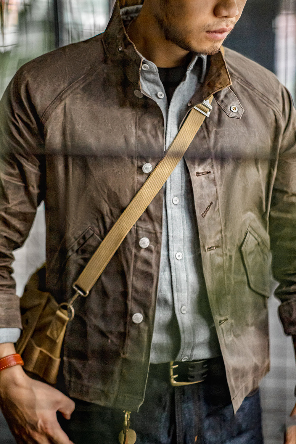 Men's Dark Brown Button Down Stand Collar Jacket