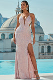 Light Pink Halter Neck Sequined Mermaid Ball Dress