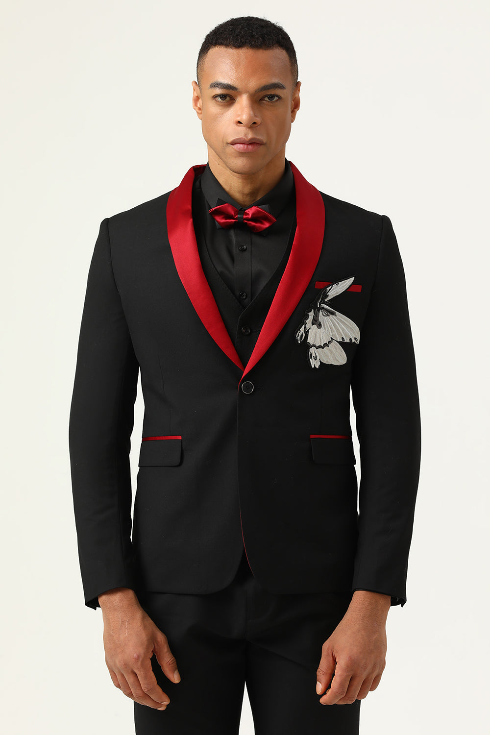 3 Piece Black Red Shawl Lapel Men's Ball Suits