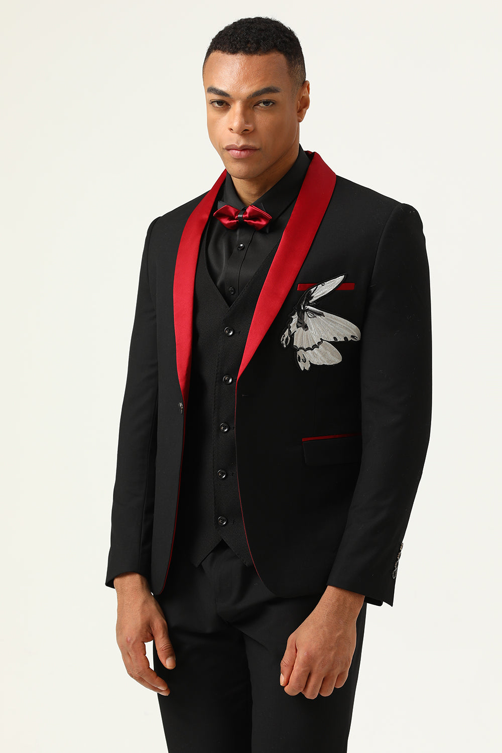 3 Piece Black Red Shawl Lapel Men's Ball Suits
