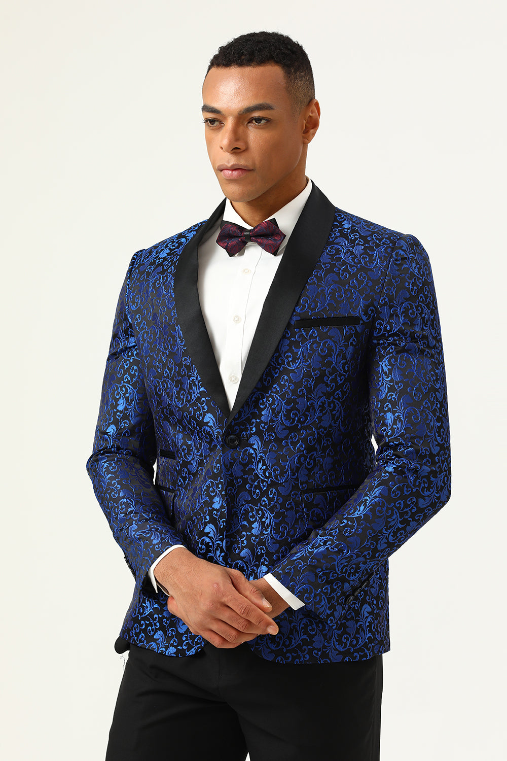 One Button Blue Shawl Lapel Jacquard Men's Ball Blazer