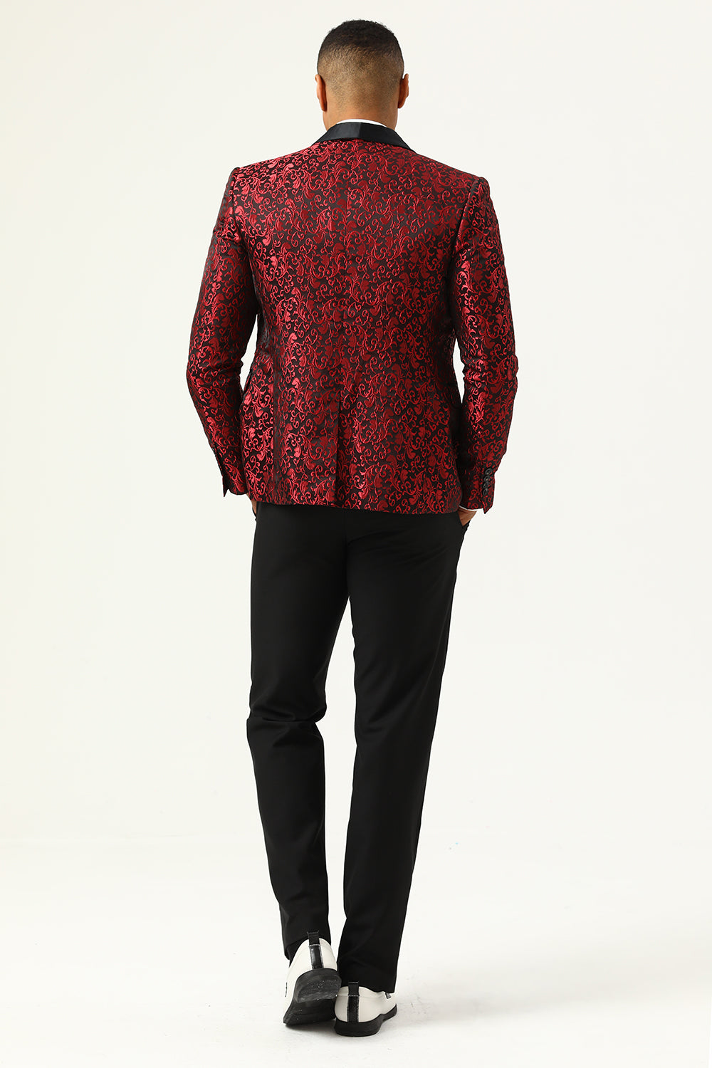 One Button Blue Shawl Lapel Jacquard Men's Ball Blazer