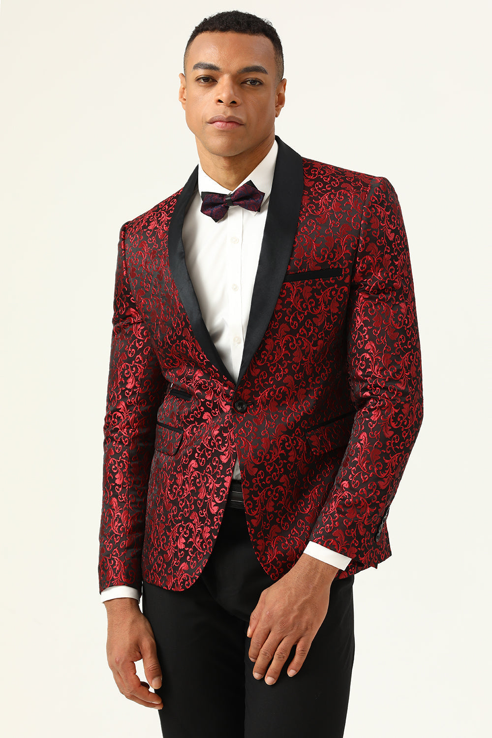 One Button White Shawl Lapel Jacquard Men's Ball Blazer