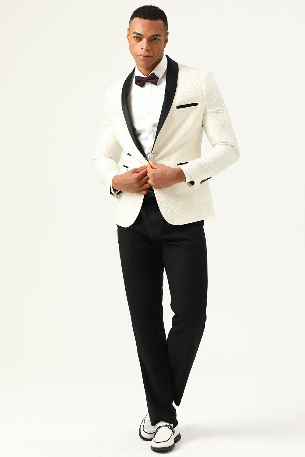 One Button White Shawl Lapel Jacquard Men's Ball Blazer