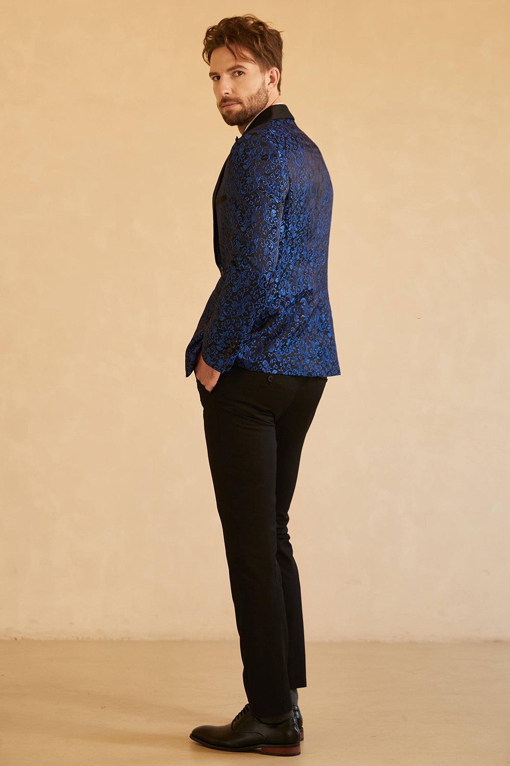 Blue Shawl Lapel Jacquard One Button Men's Ball Blazer