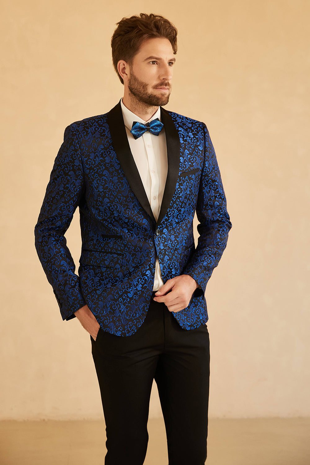 White Shawl Lapel Jacquard One Button Men's Ball Blazer