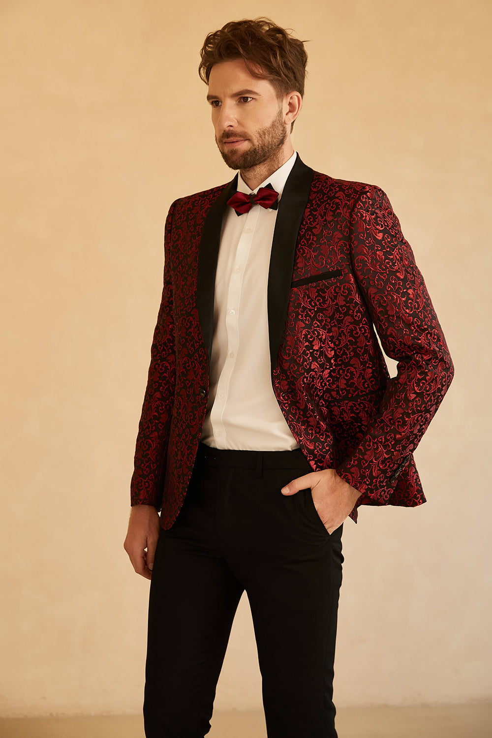 Red Shawl Lapel Jacquard One Button Men's Ball Blazer