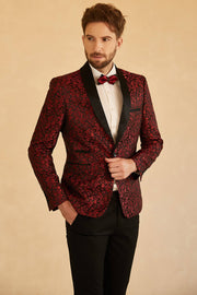 Red Shawl Lapel Jacquard One Button Men's Ball Blazer