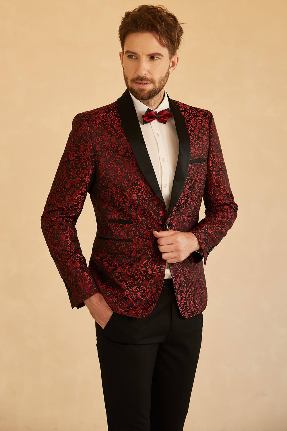 White Shawl Lapel Jacquard One Button Men's Ball Blazer
