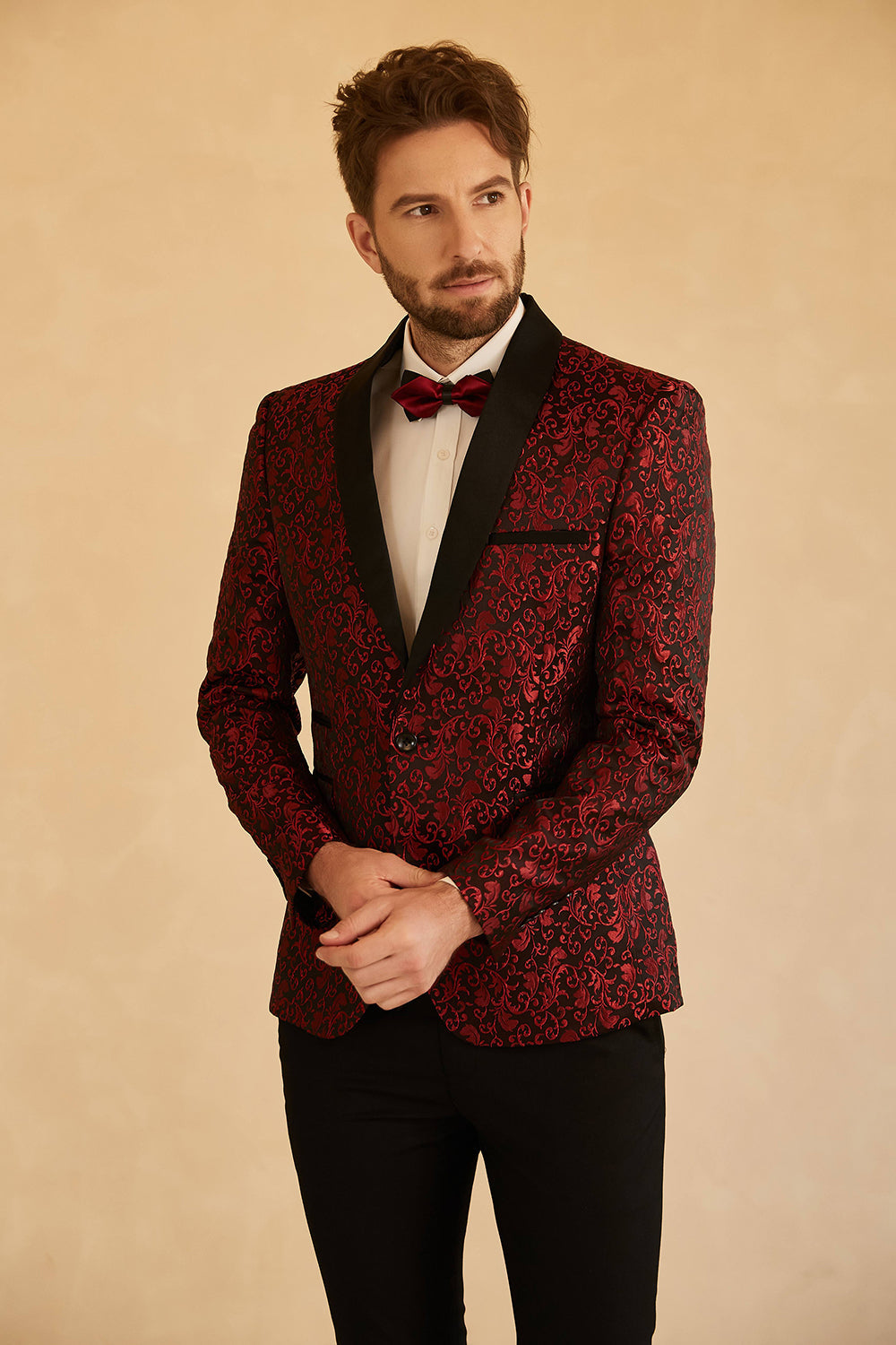 Red Shawl Lapel Jacquard One Button Men's Ball Blazer