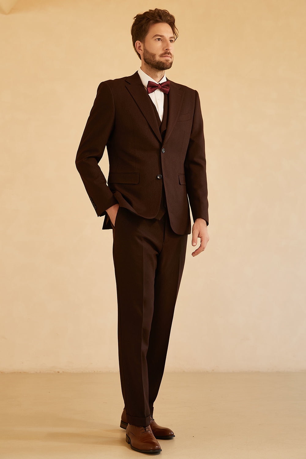 Notched Lapel Two Button Dark Brown 3 Piece Men's Wedding Suits