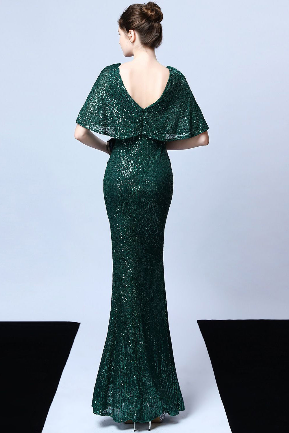 Mermaid V Neck Dark Green Sequins Long Ball Dress with Short Sleeves