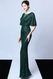 Mermaid V Neck Dark Green Sequins Long Ball Dress with Short Sleeves