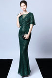 Mermaid V Neck Dark Green Sequins Long Ball Dress with Short Sleeves