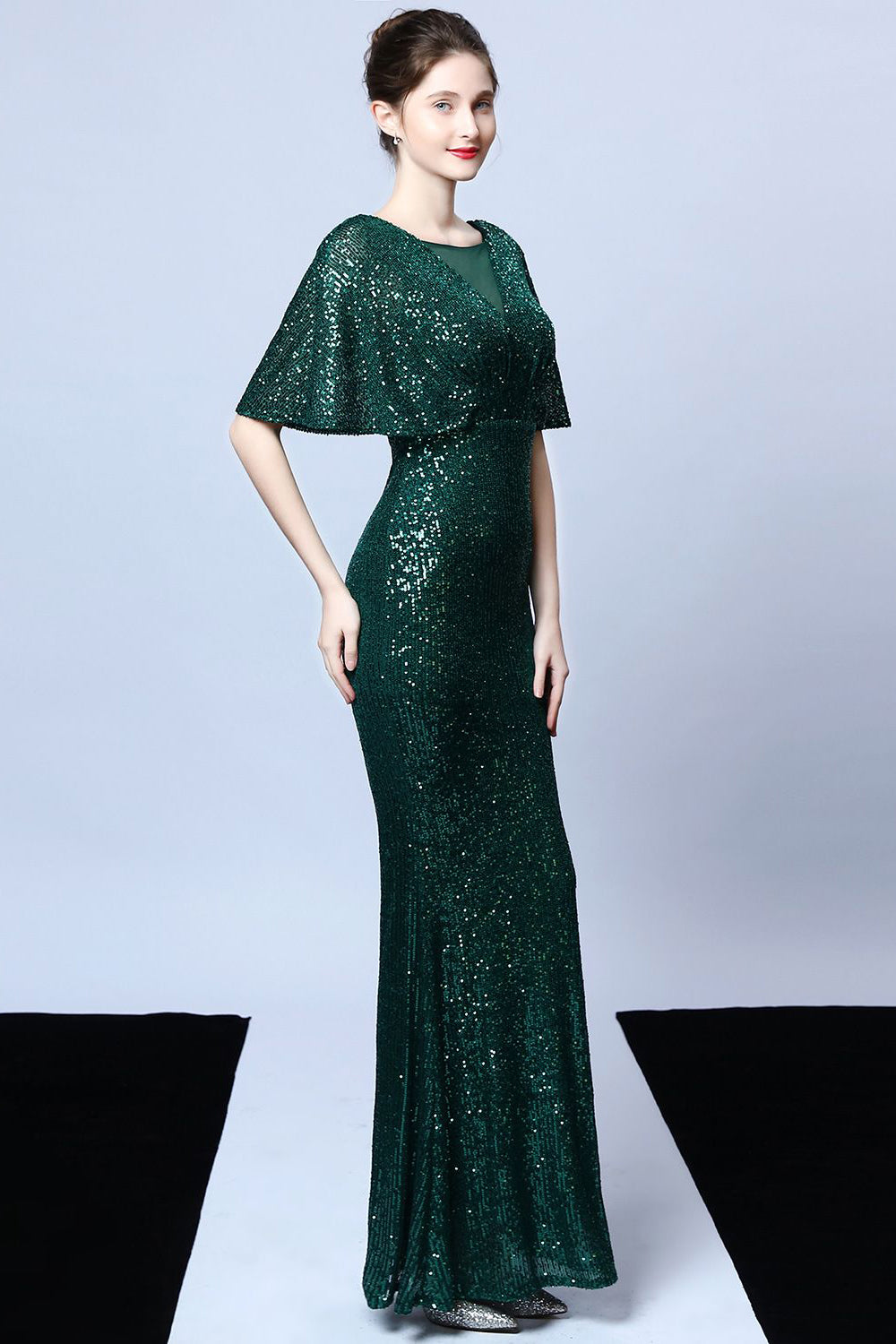 Mermaid V Neck Dark Green Sequins Long Ball Dress with Short Sleeves