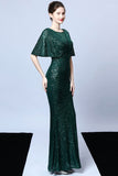 Mermaid V Neck Dark Green Sequins Long Ball Dress with Short Sleeves